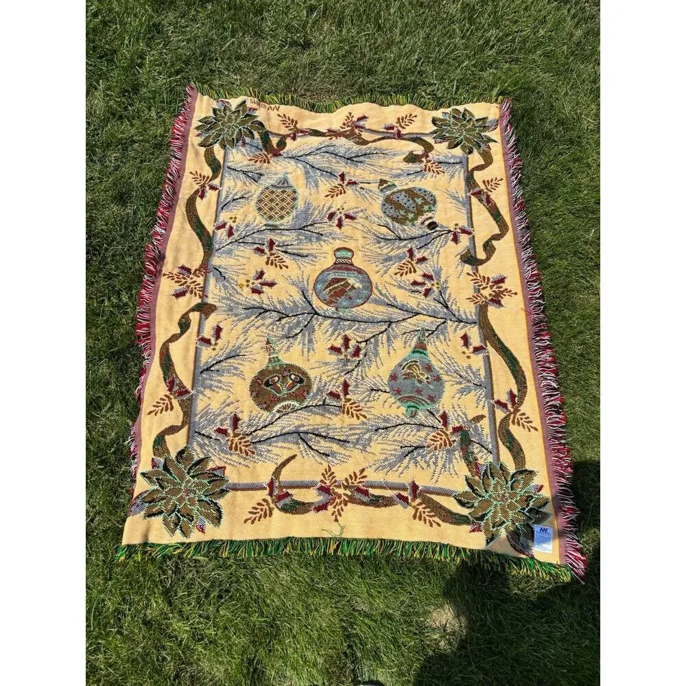 Vintage Christmas Woven Tapestry Throw Blanket Poinsettia Ornament Fringe 57x45